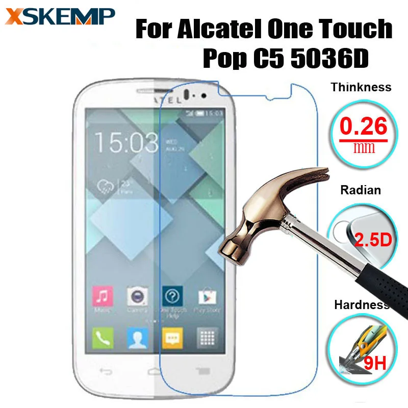 

0.26mm 9H Screen Protector Tempered Glass Film For Alcatel One Touch Pop C5 5036 HD Explosion Proof Anti-glare Protective Guard