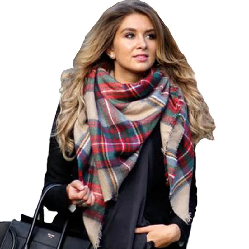 Winter font b Tartan b font Female Scarf Desigual Checkered wool Blend Shawls Women Scarves hickness