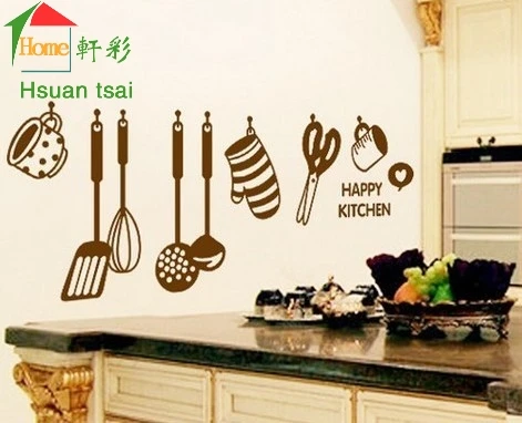 stickers kitchen tableware scissors utensils knife tile cabinet cup tools brown happy
