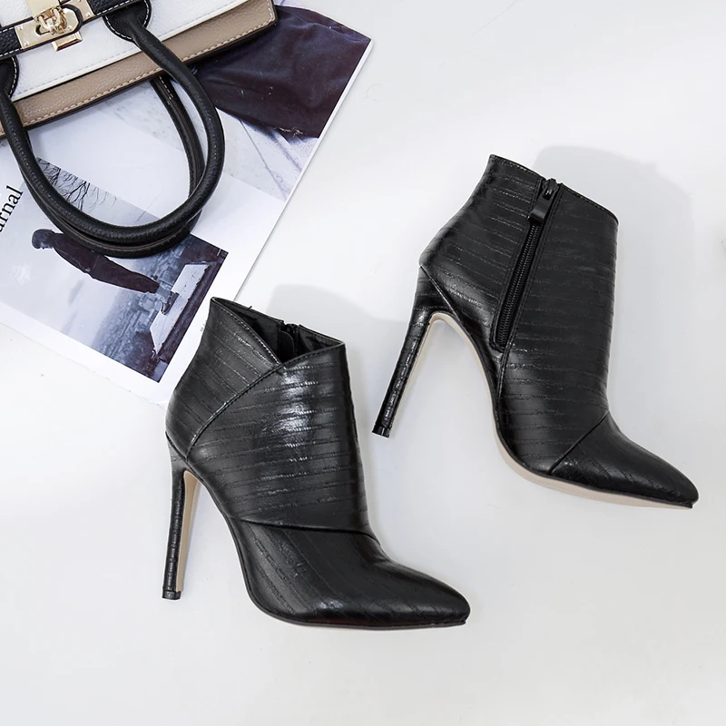 

New fashions in winter: Women's shoes with slender and sexy boots, zippers, black heels and boots.