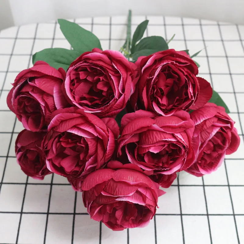 HMEOT, 10 головок, европейский стиль, искусственные розы, шелковые декоративные вечерние цветы для дома, отеля, офиса, свадьбы, сада, 1 шт - Цвет: Розово-красный