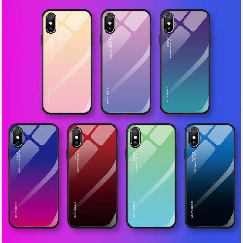 

IMIDO Deluxe gradient glass case for iPhone X XSMax XR 7 8 6s 6 Plus X soft silicone frame phone case box Aurora Colorful Cover