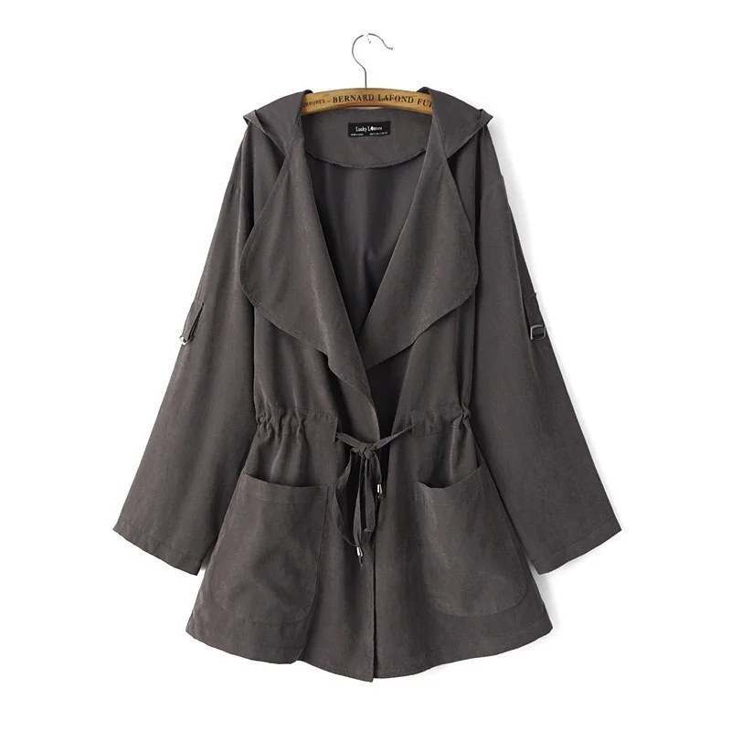 ZOGAA женский модный однотонный кардиган, пальто с капюшоном, легкий тонкий пояс, женское розовое пальто, повседневный приталенный Тренч, пальто для девушек - Цвет: Серый