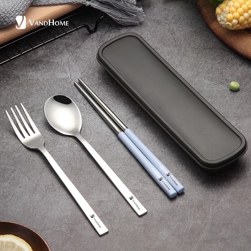

VandHome Portable Travel Tableware Set 304 Stainless Steel Dinnerware Wheat Straw Handle Chopstick Fork Spoon Cutlery Dinner Set