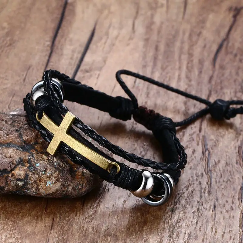 Vogue Cross Leather Bracelet Religious Christian Surfer Wrap Rope