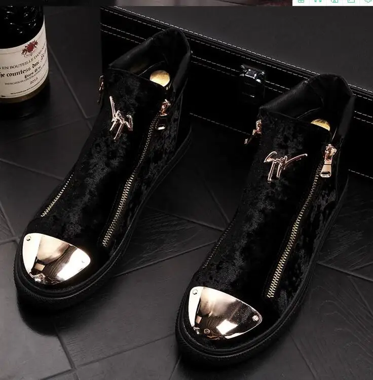 

2019 Men Fashion Casual Ankle Boots Spring Autumn Flock Leather Metal Decoration Riding Boots High Top Hip Hop Shoes