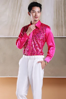 rose Red Мужская блестящая рубашка с блестками, одежда для сценического представления, танцевальная Праздничная рубашка для хора, форменная рубашка для хора - Цвет: rose Red
