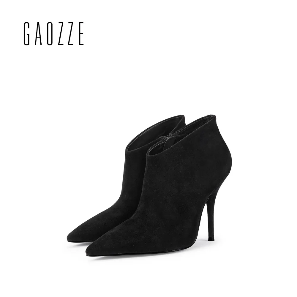 

GAOZZE black women genuine leather boots side zipper ankle boots for women pointed toe sexy thin high heel women boots 2017 new