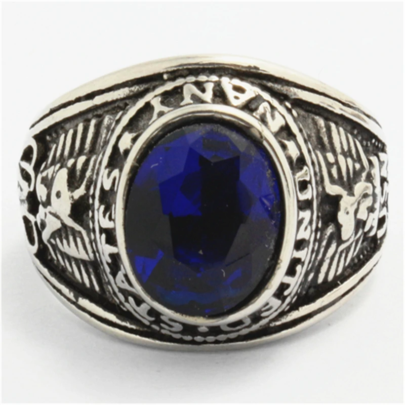 Mens 316L Stainless Steel USA Navy Dark Blue Stone Biker Ring Wholesale