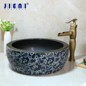 

JIENI Wash Basin Faucet Set Tranditional Design Bathroom Ceramic Round Sink Antique Brass Deck Mounted Tap Mixer Faucet