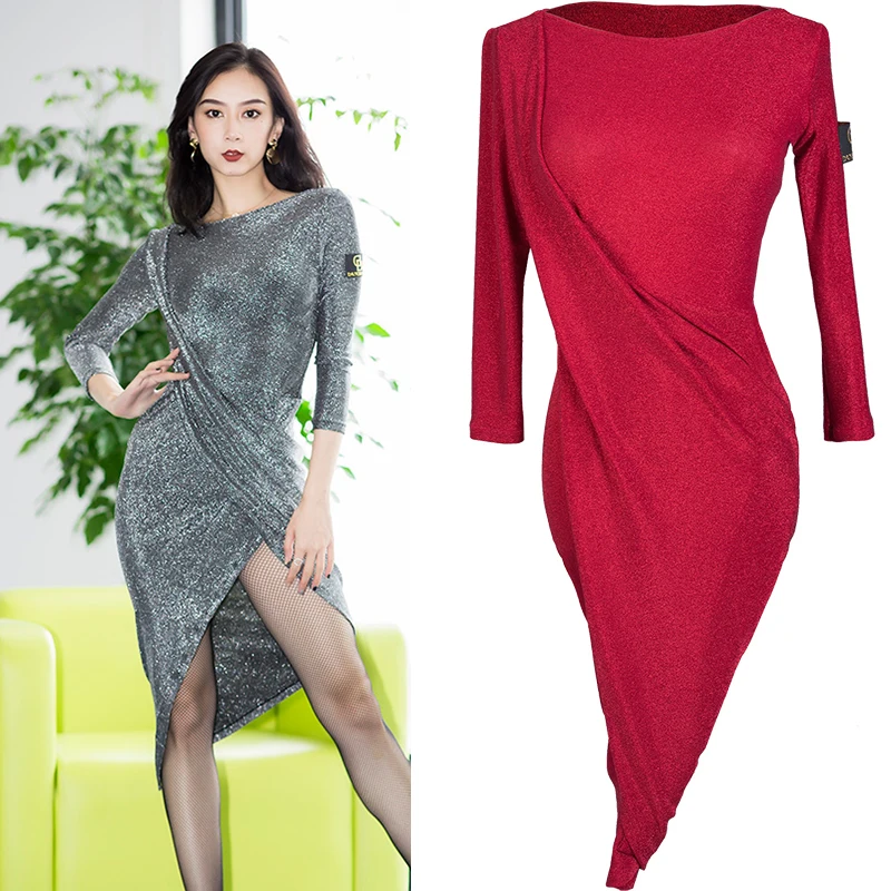 

Latin Dance Dress Long Sleeve Sexy Split Skirts Women Latin Dresses Rumba Cha Cha Samba Competition Performance Dancewear DN3623