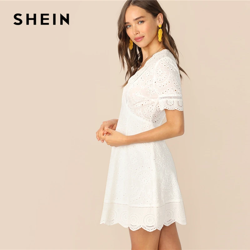 SHEIN Платье С Глубоким Вырезом И Фестончатым Краем Бохо Летнее Платье Женские Элегантные Кружевные Платья