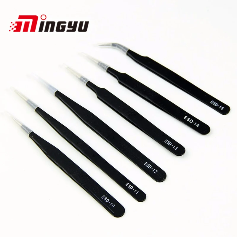 

6pcs/set ESD Tweezers Non-magnetic Forceps Anti-static Fine Curved Tip Black Maintenance Tools for Electronics Jewelry