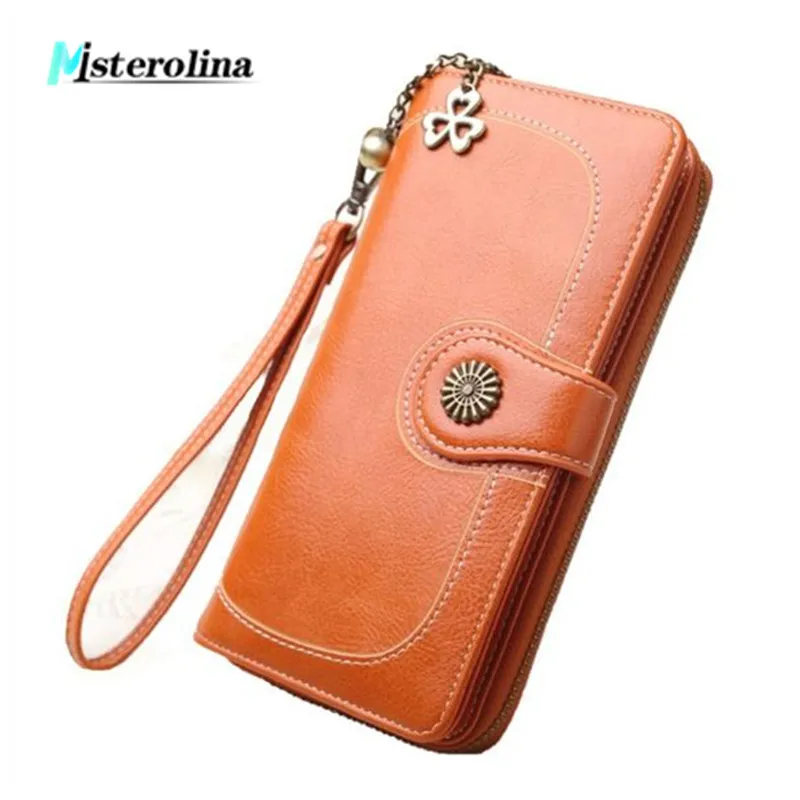 

Misterolina wallet women leather genuine long zipper hasp Purse vintage beading pearl design female Oil wax coin pocket Wallets