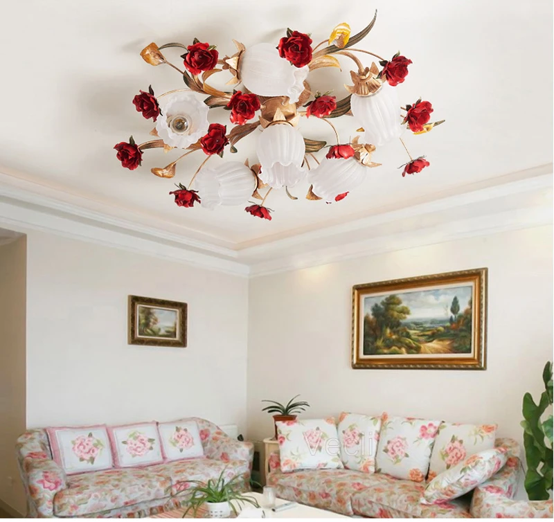 Luzes de Teto para Casamento Nordic Arte Deco Rural Flor Vermelha Planta Lâmpada Led Sala Estar Quarto Iluminação Decorativa Casa 6 sala estar quarto iluminação decorativa casa