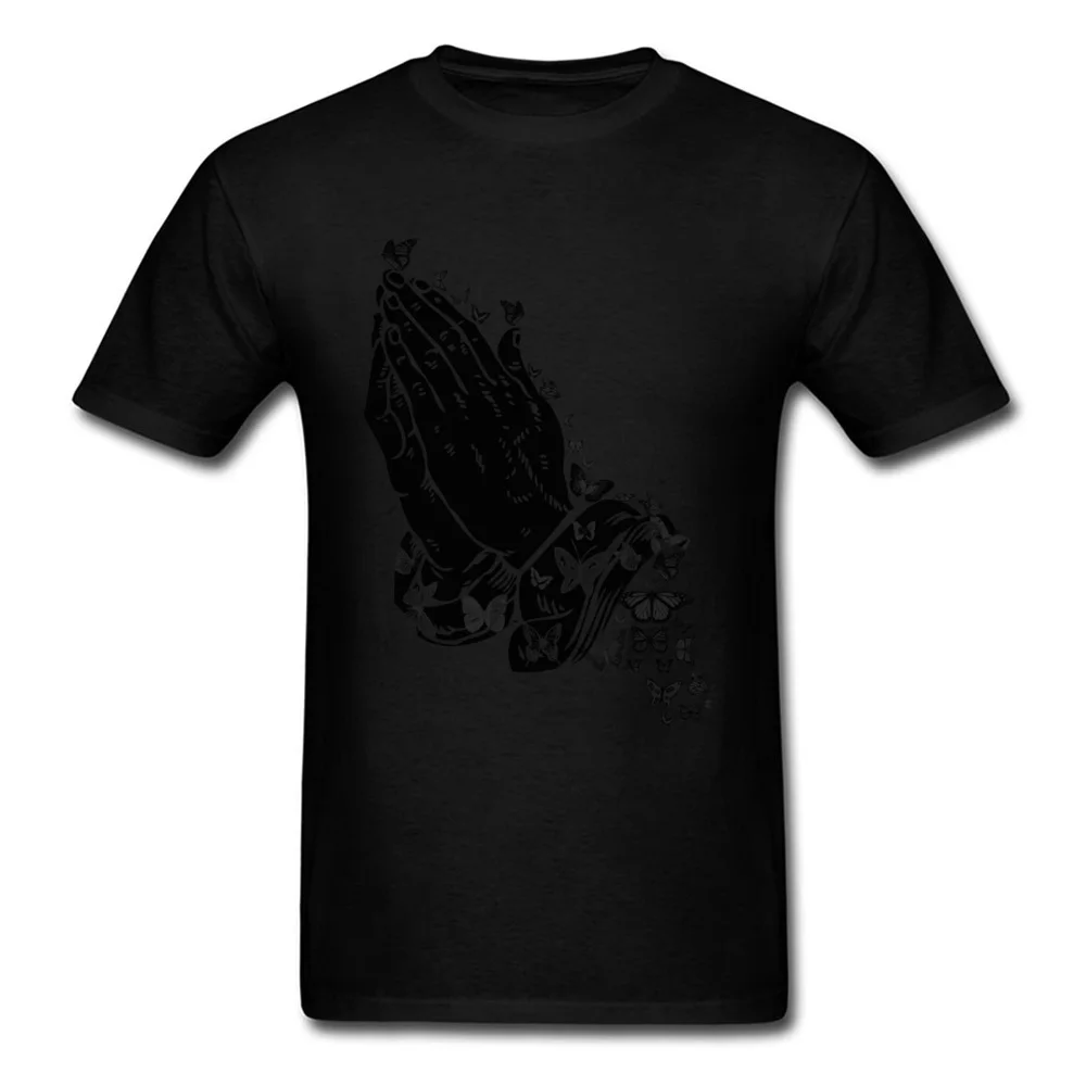 Praying hands and butterflies Crazy T-Shirt for Male 100% Cotton Summer Tops T Shirt Tee Shirt Short Sleeve Brand Crew Neck Praying hands and butterflies black