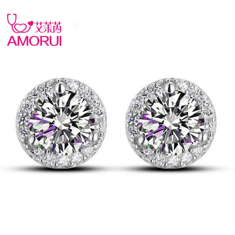

AMORUI Silver Plated 4 Prongs Round Brilliant Cut Sona 1 Carat Created CZ Stone Stud Earring for Women Earings Fashion Jewelry
