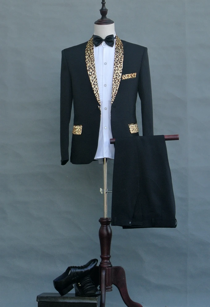 Пиджак+ брюки+ галстук) черный, белый, Леопардовый мужской костюм с воротником, Выпускные Формальные сценические костюмы для мужчин, певица, хор, одежда для выступлений