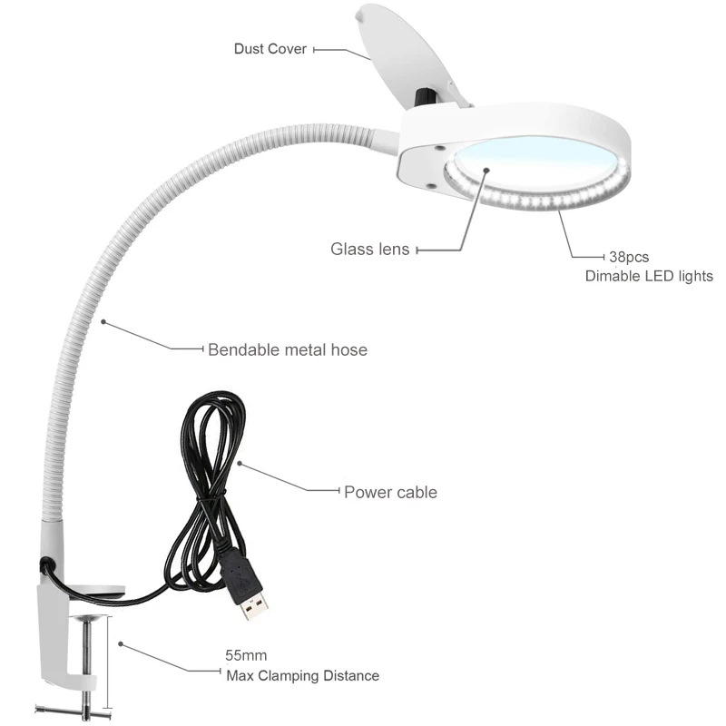 8X15X светодиодный увеличительный светильник с металлическим зажимом, настольная лампа с бесступенчатым креплением Dimmin, лупа, светодиодный светильник 3X10X, объектив диаметром 100 мм белого цвета