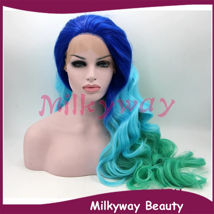 

Free Shipping new heat resistant fiber dark blue to light blue to green synthetic lace front wig