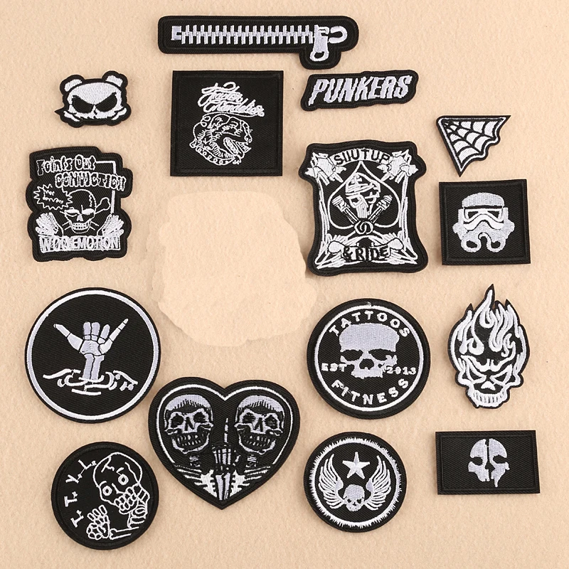 

Dark Punk Patches for Kids Iron on Embroidery Badges Appearance on Clothes Sew on Stripes Skeleton Skull Appliques @W