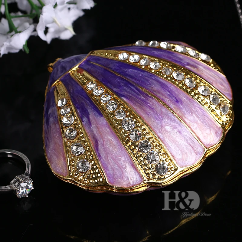 2.6" Metal Purple Shells Figurine Women Ring Jewelry Holder Trinket Box Stand Storage Wedding