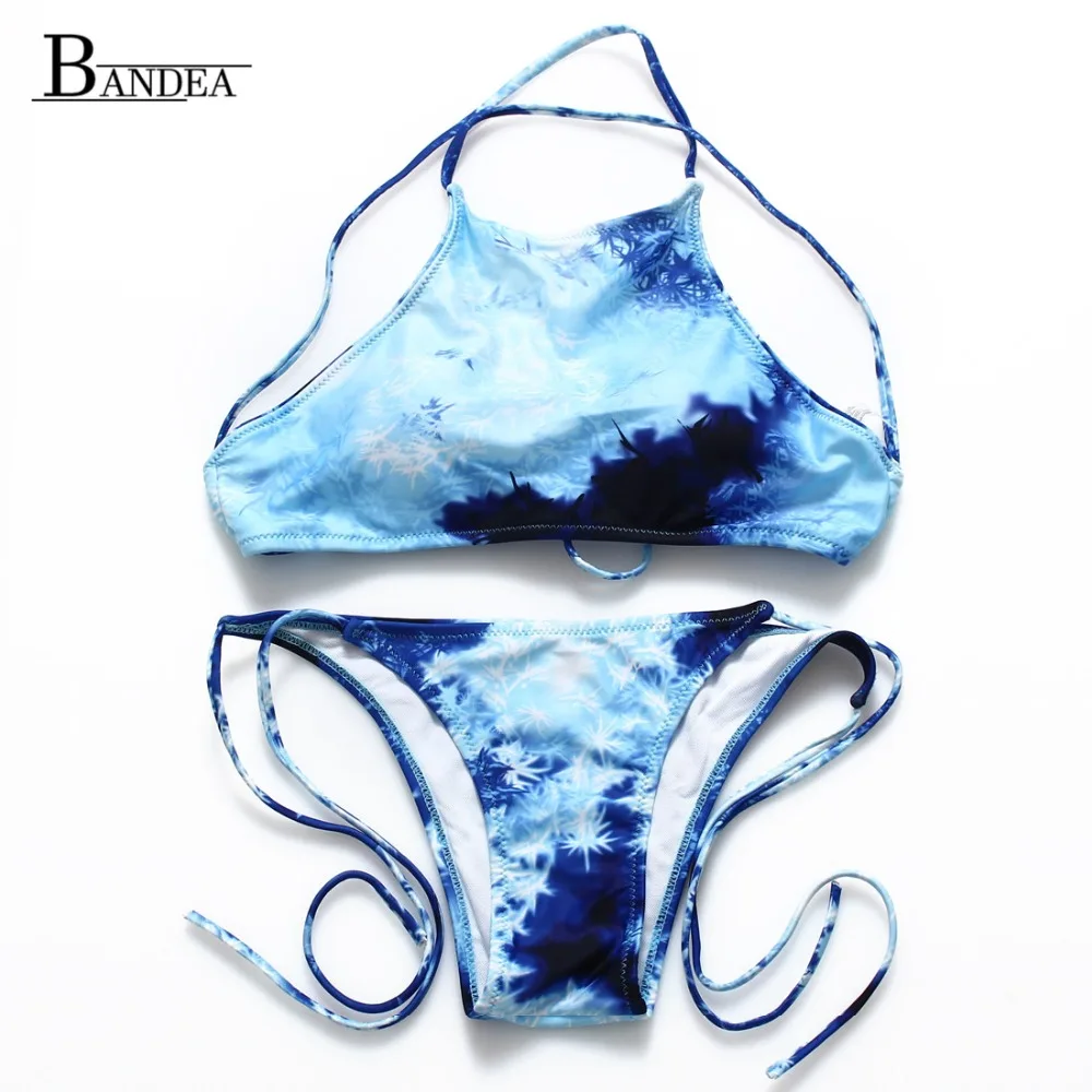 2016 Women Dye Color Print Bikini SetS Sexy Side Tie Swimwear Halter