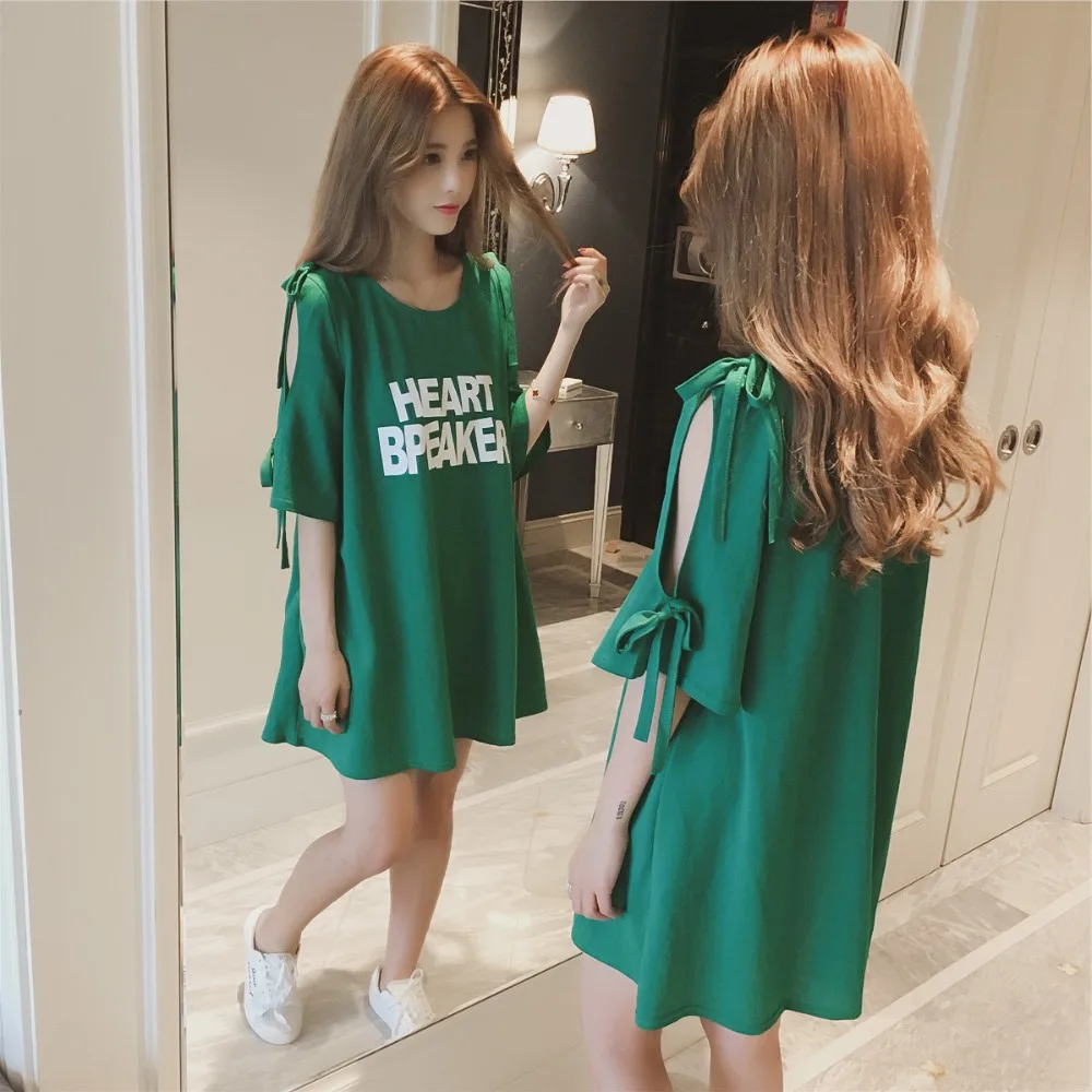 

women girls lady Summer Fashion Letter bow Show-shoulder Loose middle long T-shirt Tops female Large Maternity one piece Dresses