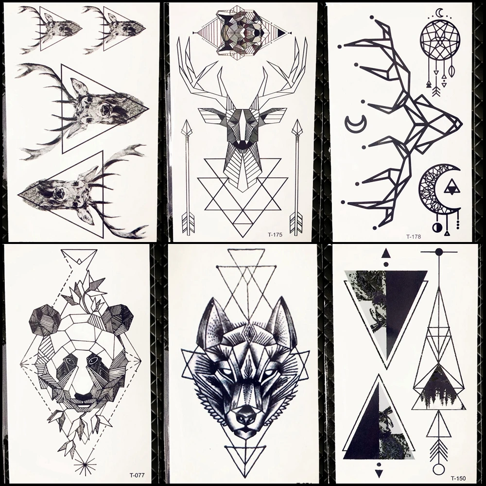 

Geometric Wolf Temporary Tattoo Women Deer Elk Horm Small Fake Pencil Sketch Tattoo Arm Sticker Panda Men Chest Sexy Tatoo Moose