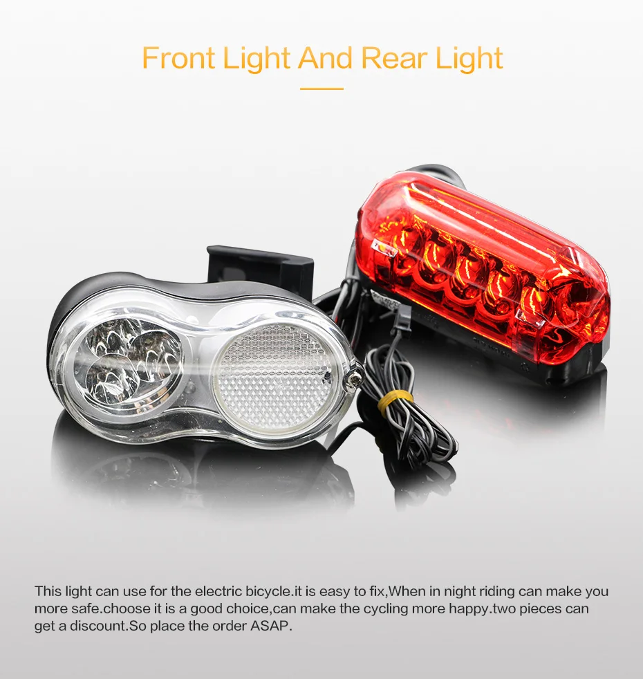 Perfect Motorcycle Electric Bicycle LED Light Headlight + Taillight Safety Warning Red LED Back Lamp 36V Ebike electric Bike Light 2