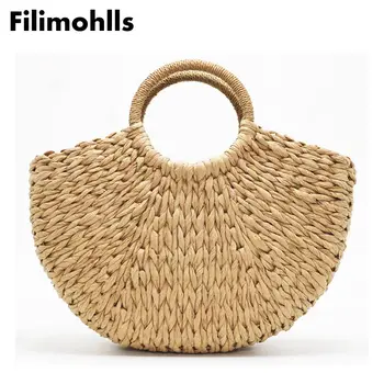 

Handmade Beach Bag Round Straw Totes Bag Large Bucket Summer Bags Women Natural Basket Handbag High Quality Beige black F-112