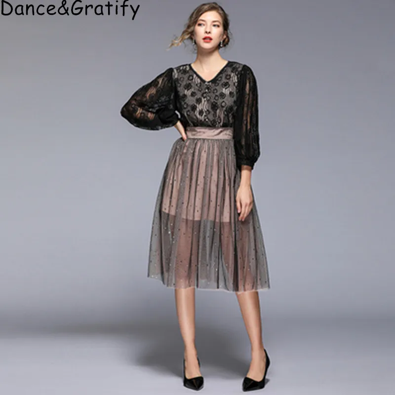 2019 New Summer Fashion Women Lace Mesh Patchwork Party Dress Vintage Lantern Sleeve V-neck Black Princess | Женская одежда
