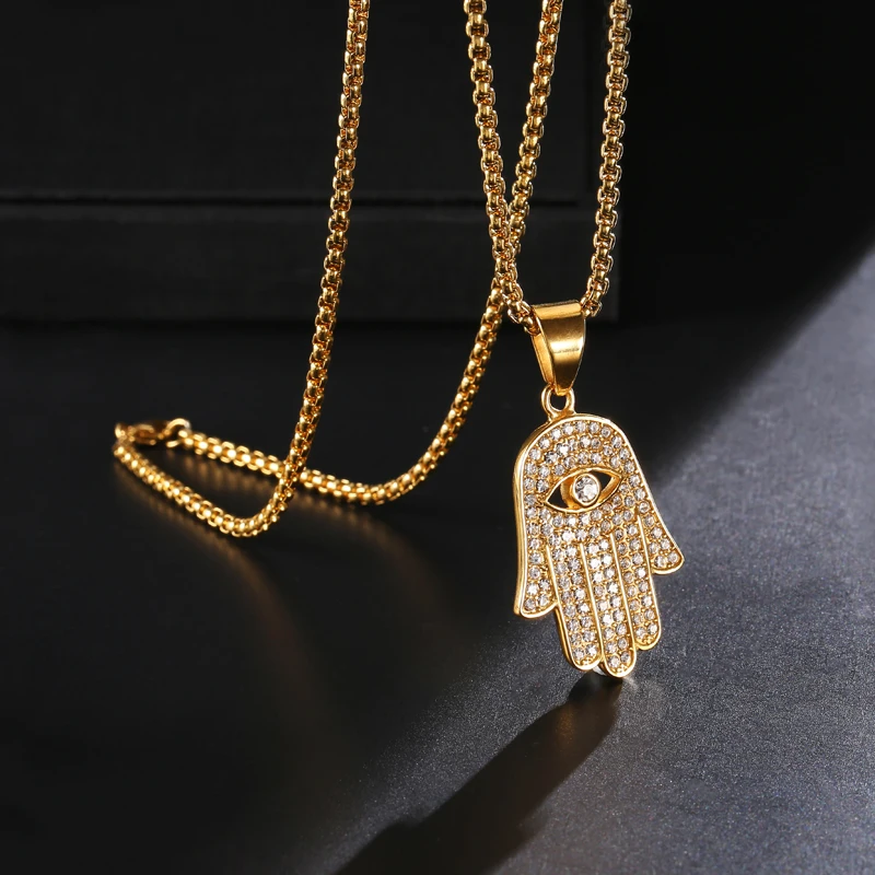 

Hip Hop Hand of Fatima Necklaces & Pendants 316L Stainless Steel Gold Color Chain Palm Hamsa Statement Jewelry for Men Religion