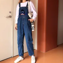 Японский комбинезон kawaii женские джинсовые комбинезоны с карманами свободные джинсы синего цвета с принтом длинные брюки для девочек колледжа