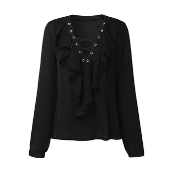 

Women Casual Chiffon Blouse Lace Up V Neck Ruffles Long Sleeve Shirt Top
