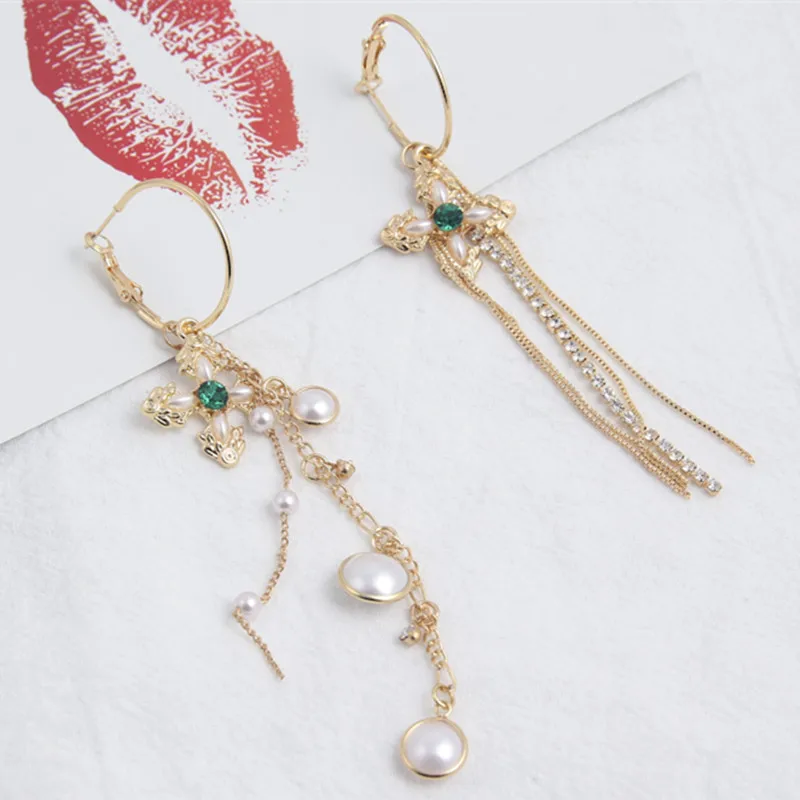 

Luxury Asymmetric Long Pearl Tassel Cross Drop Dangle Earrings for Women Fashion Korean Jewelry Wedding Party Gifts 5C3039