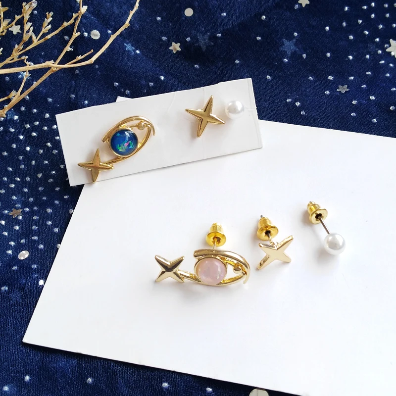

Cute Crystal Planet Star Stud Earrings Set Crystal Pearl Universe Planet Geometry Jewelry Fashion For Girl Cartoon Accessories
