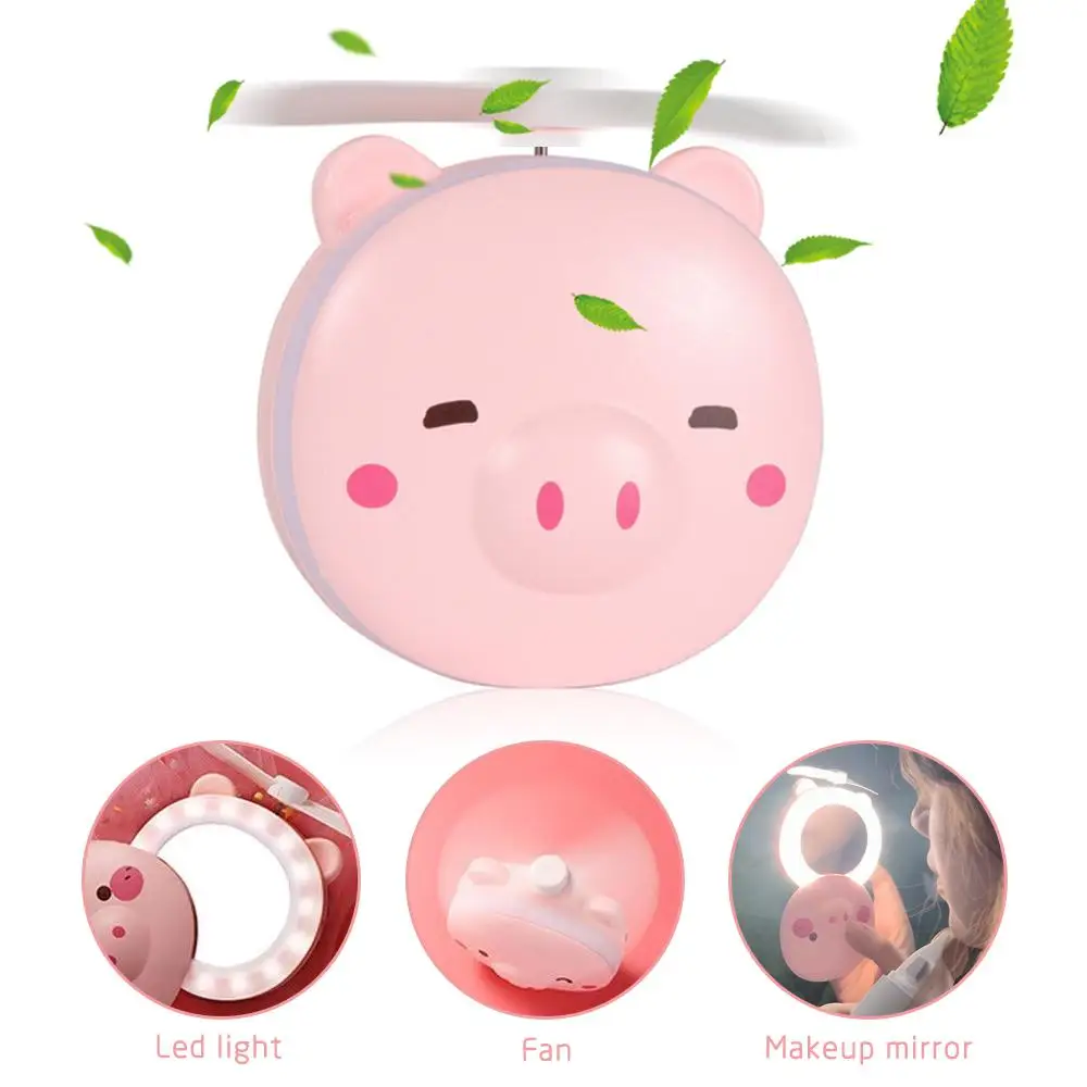 

Multi-founction Portable Cute Piggy Makeup Mirror Pocket Fan Mini Summer Rechargeable Fan Beauty Mirror with LED