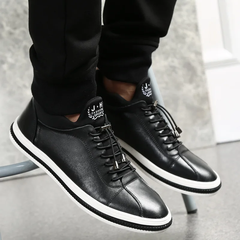 New fashion men genuine leather shoes cow leather shoes trend leisure men casual shoes lace up point toe thick bottom shoes