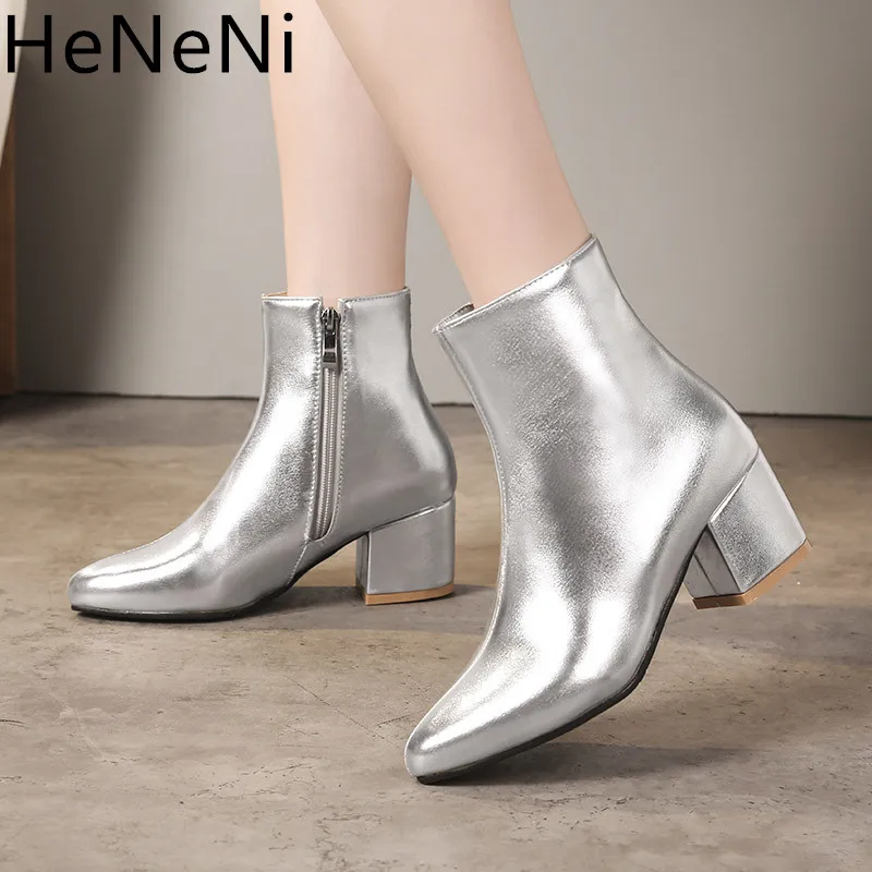 

2019 New Ankle Boots Women Pointed Toe Chunky High Heel Boots Sliver Gold Mirror Metallic Women Pumps Female Sexy botas mujer