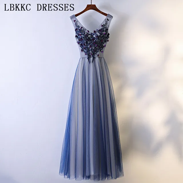 

Tulle Navy Blue Prom Dresses Sleeveless Gala Jurken Appliques Beading Vestido De Festa V Neck Prom Dress Women Evening Dress