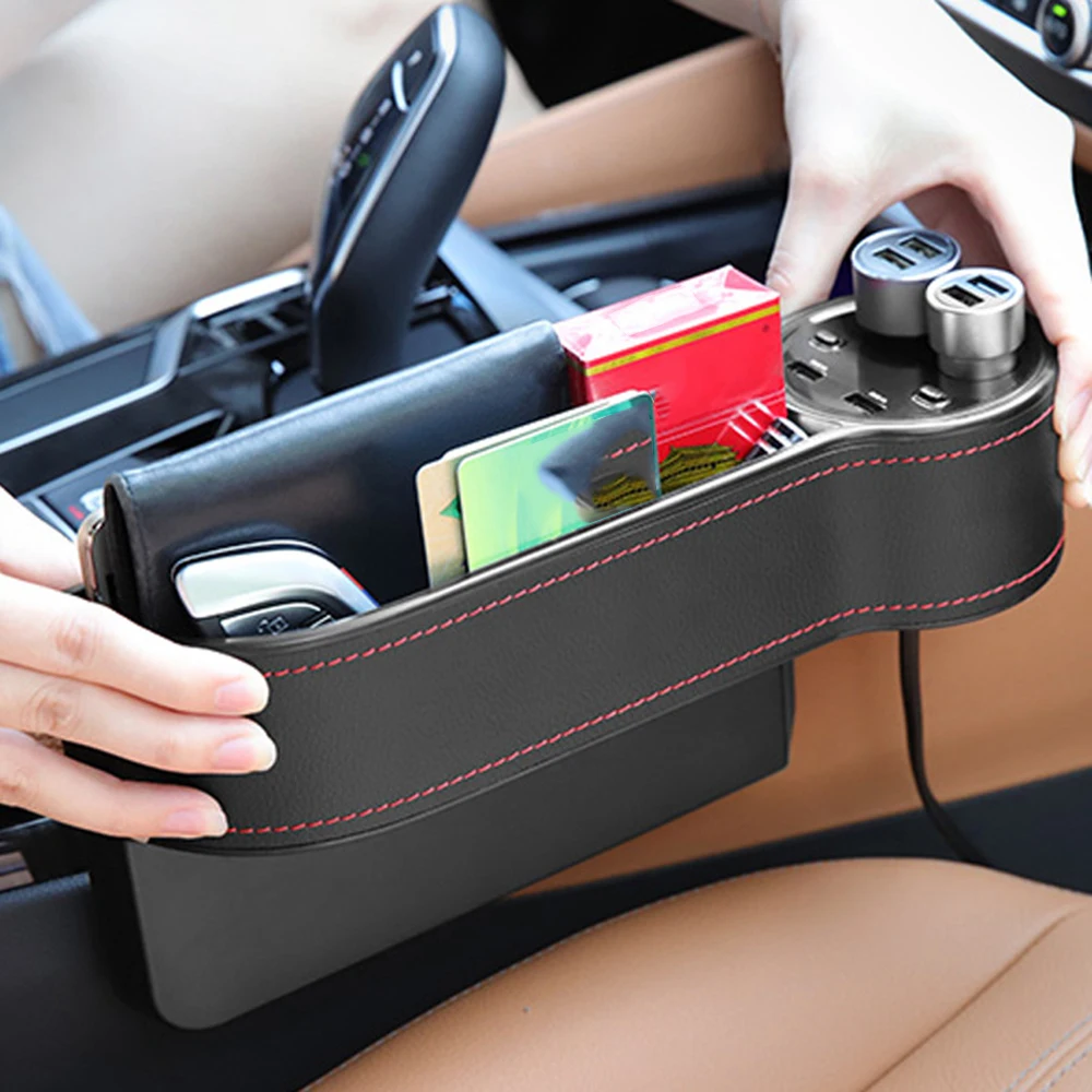 

Car Seat Gap Plastic Storage Box Dual USB Charging Cigarette lighter Multi-use Stowing Tidying Box Fits for DC12V -24V Car Model