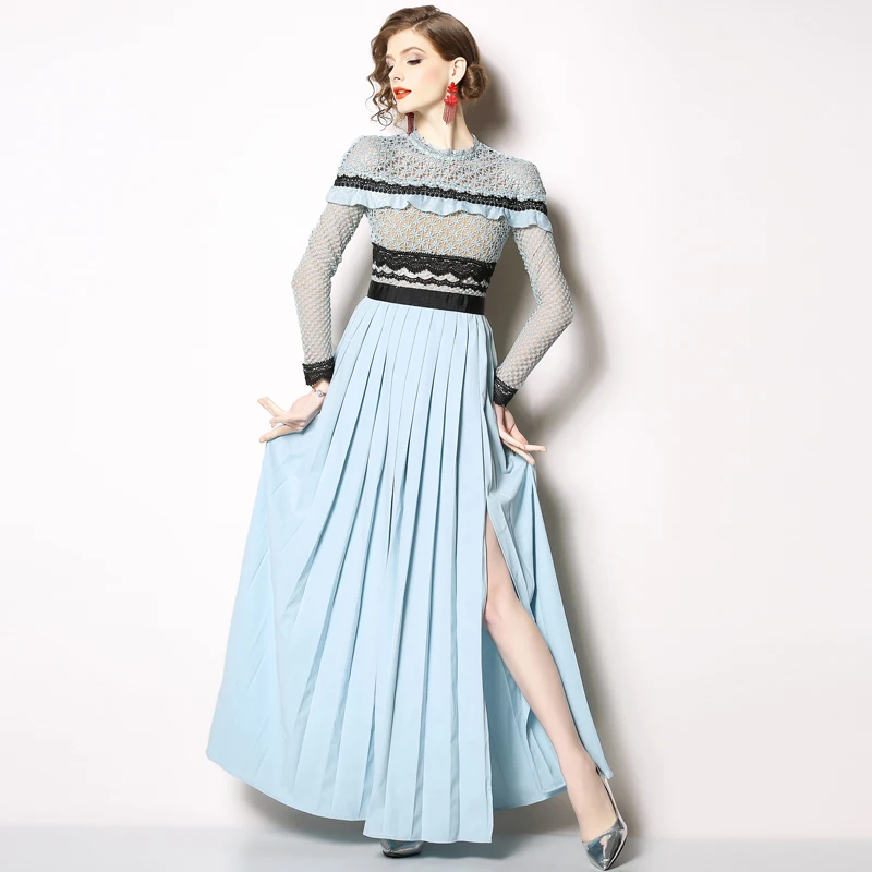 

2019 new fashion lace stitching pleated dress long split dress