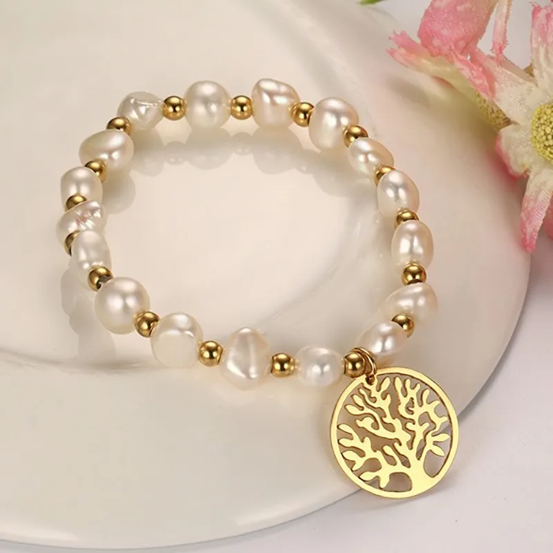 Irregular Freshwater Pearls Bracelet Wishing Tree Pattern Stainless Steel Bracelets & Bangles For Women Party Jewelry
