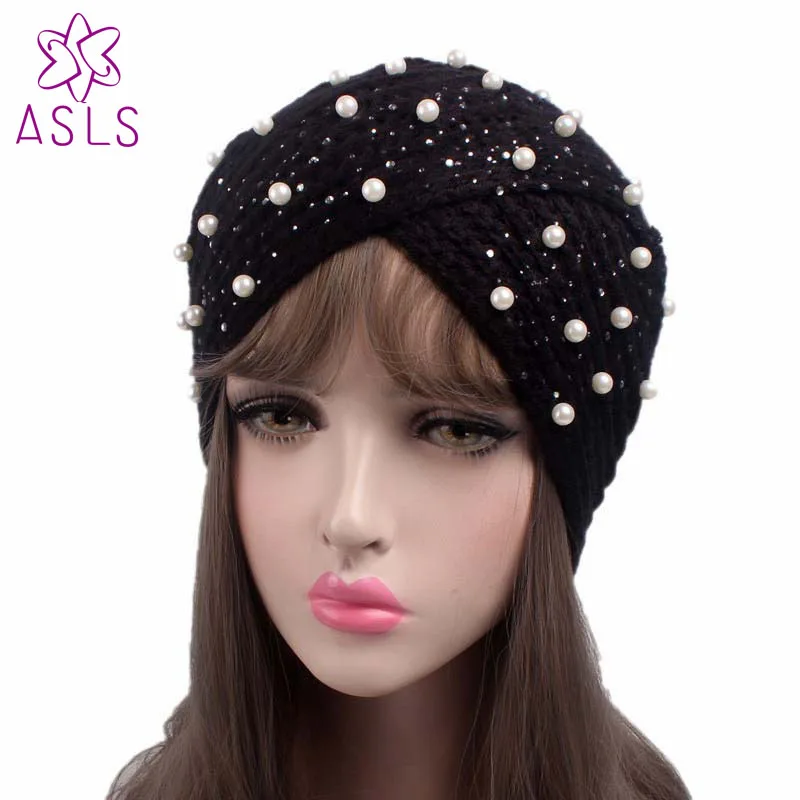 

New Fashion Knitted Beanie Headband Crochet Headwrap pearled Jewel Winter Warm soft Turban Cross India Cap for women