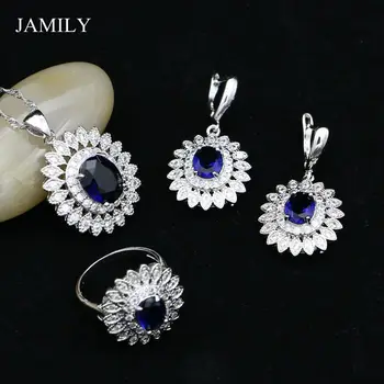 

Fashion 925 Silver Jewelry Sets Blue Stone White Crystal Beads For Women Wedding Earrings/Pendant/Ring/Necklace Jewellery Set