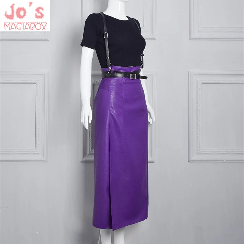 

2019 Women Purple Faux Leather Skirt PU Leather Sexy Package Hip High Waist Harajuku Skirts Female Split Ankle-length Skirt