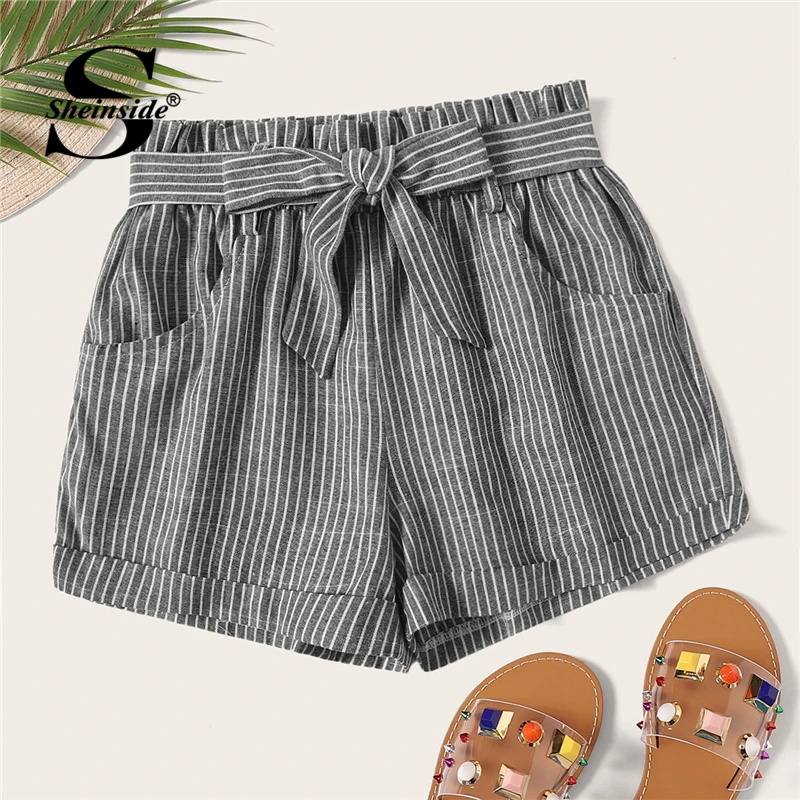 

Sheinside Striped Self Tie Shorts Summer Mid Waist Casual Shorts Women Elastic Waist Office Ladies Elegant Belted Shorts