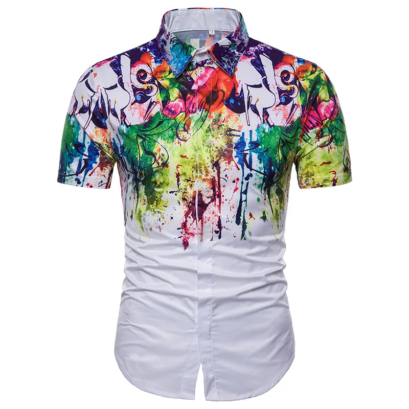 

2018 Mens 3D Print Short Sleeve Shirt New Fashion Shoulder Color Ink Shirt Male Dress Brand Clothes Graffiti Style Men Shirt