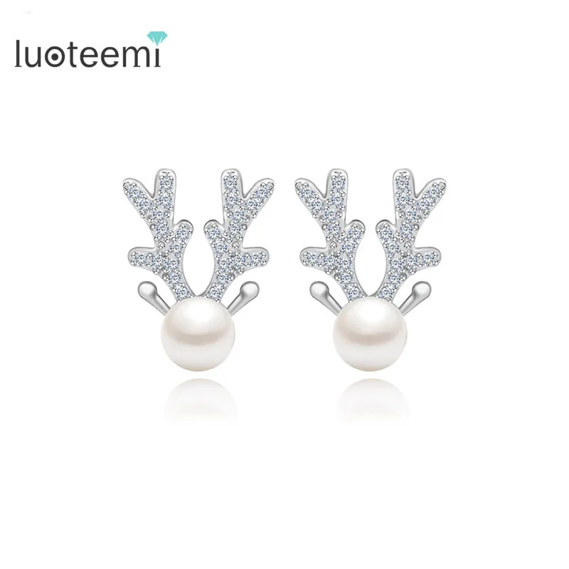 

LUOTEEMI Cheap Christmas Gift Jewelry Fashion Korean Style Cute Elk Shape Animal Imitation Pearl Stud Earrings For Girls Gift